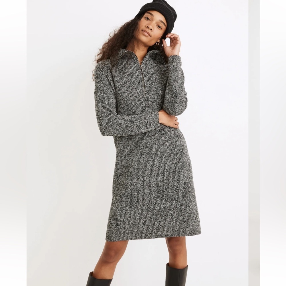 Madewell Ribbed Half-Zip Sweater Dress Collar Marled Black Gray Wool Blend XS